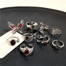 Korean Fashion Vintage Ästhetische Geometrische Unregelmäßige Rote Kristall Stern Silber Farbe Metall Ring Für Frauen Grunge Y2K EMO Schmuck