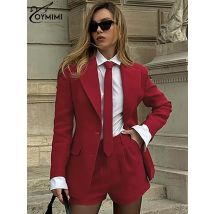 Oymimi Elegant Red Women's Two Pieces Set Fashion Long Sleeve Pockets Tie Button Blazers And High Waisted Simple Shorts Sets
