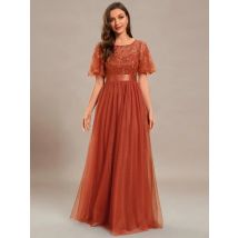 Elegante Abendkleider, Maxi-Lang mit Pailletten-Aufdruck und Flügelärmeln, A-Linie, 2025, Ever Pretty Brautjungfernkleid aus Gaze in gebranntem Orange