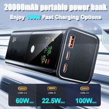 Ranwomen 20000mAh High-capacity Power Bank LED Digital Display Portable Charger External Battery 100W Fast Charging  For Laptop
