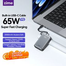 zime Z3 65W Portable PowerBank 20000mAh PD Fast Charger With Retractable Type-C Cable For Laptops And iPhone 16 15 14 13 pro max