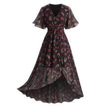 ROSEGAL Plus Size Bohemia Kleider Damen Frühling Sommer Blumen Bedruckte Rüschen Surplice Tulpensaum Chiffonkleid Lässige Kostüme