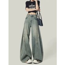 Amerikanischen High Street Retro Frauen Jeans Einfache Grund Hohe Taille Schlanke Frau Jeans Löcher Casual Lose Chic Breite Bein Hosen Weibliche