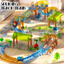 Große Eisenbahn bahn spielen Set elektrische Spur Zug Kits Puzzle Montage Spielzeug pädagogische DIY Rennwagen interaktive Jungen Geschenk