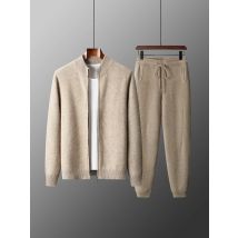 Abito a due pezzi in lana merino 100% per uomo Autunno Inverno Cardigan con cerniera lavorato a maglia e pantaloni slim fit Set di abbigliamento caldo addensato