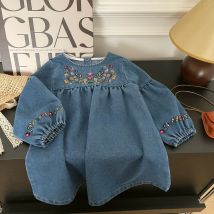 Herbst Lange Ärmeln Blau kinder Kleidung Imitation Denim Blume Stickerei Mädchen Casual Kleider Einfarbig Frühling Kinder Kleid