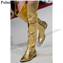 Landebahn über dem Knie Gold Metallic Lederstiefel flach mit Damenschuhen Seite Reiß verschluss spitzen Zehen 2024 Mode Zapatos Para Mujere