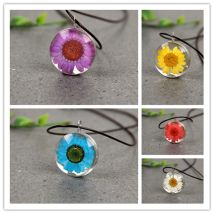 Sonnenblume getrocknete Blume Probe Glas Cabochon Leder Seil Kette Anhänger Halskette Schmuck für Frauen Kinder Glück Charm Geschenk