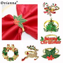 6Pcs Christmas Napkin Rings Deer Xmas Tree Wreath Rhinestone Napkin Holders for Holiday Christmas Wedding New Year Table Decor