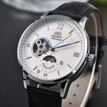 Orient Sun & Moon Semi Skeleton Automatic Watch Men's White Dial Black Leather Strap Sapphire Crystal 50M Waterproof Dress Watch