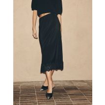 Combhasaki Women Satin Silk Midi Skirts Stylish Elegant Solid Color Sheer Floral Lace Trim Patchwork Slim Elastic Mid Rise Skirt