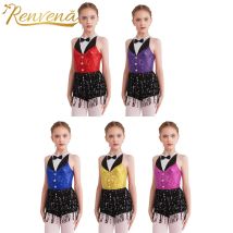 Tuta da bambina per bambina con paillettes e nappe, body da ballo per bambini, costume da ballo latino jazz, abiti da spettacolo per feste hiphop