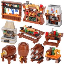 MOC Mittelalterlichen Weinpresse Bausteine Kit Esstisch Fass Weinkeller Traube Spalier Ziegel Regale Kamin Spielzeug Kinder Geschenk