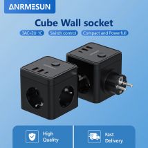 Prolunga per presa a muro con interruttore 3 prese 2 USB A e 1 porta di tipo C Adattatore per presa multipla portatile per presa cubica Caricatore per i viaggi