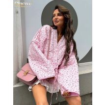 Clacive Fashion Loose Print Baumwolle Damen hemd lässig V-Ausschnitt Langarm hemden & Blusen elegante klassische Schnür oberteil weiblich