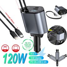 Cavo USB C per caricabatteria da auto retrattile da 120 W 4 IN 1 per IPhone Huawei Samsung Cavo di ricarica rapida Adattatore per accendisigari PD QC3.0