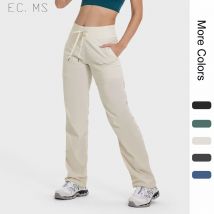 Women Sport Pants with Pockets Adjustable waist Pull String Leg Opening Straight Quick Dry Casual Commuting Running Fitness Pant