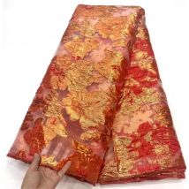 Orange African Jacquard Brocade Fabric Gilding Lace Material Floral Organza Tulle Mesh French Net Brocard Tissu 5Yard DJO43