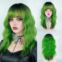 Lange gewellte Damen Ombre Schwarz Grün Y2K Synthetische Perücke Lolita Cosplay Flauschige hitzebeständige Perücke mit Pony für die tägliche Party