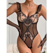 Magdalyn Stickerei Schwarzer Strampler für Damen, aushöhlen, ärmelloser Overall, luxuriöser Party-Overall, durchsichtiger Damen-Body ohne Schritt