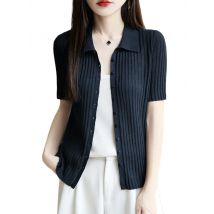 Sommer-Herbst Damen Leinen-Strickhemd Kurzarm-Hemd mit Kragen Leichte Dünne Strickjacke Atmungsaktiver Lässiger Pullover Jacke Schal-Oberteil