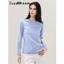 SuyaDream Women Solid T Shirts Silk Cotton Blend Plain O neck Long Sleeved Tee 2025 Spring Autumn Basic Top White Black