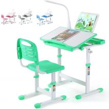 Escritorio infantil, mesa ergonómica y juego de descongelación, con cajón, soporte de lectura, lámpara LED regulable, altura ajustable
