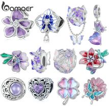 Bamoer 925 Sterling Silber Lila Emaille Blumenperlen Klare Zirkon Charms für Frauen Original Armband Edlen Schmuck SCC2459