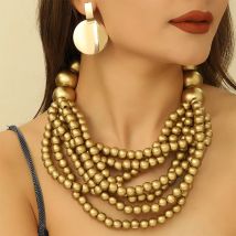 Trend ige 1set afrikanischen Stil mehr schicht ige Holz perlen Schmuck Set Gold Farbe Hals reifen Halskette Ohrringe Set Party Schmuck Geschenke