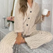 Warmes Flanell-Pyjama-Set für Damen, langärmelig, V-Ausschnitt, Kontrastknöpfe, Oberteil und elastische Hose, lockere, entspannte Passform, Winter-Nachtwäsche, Pjs
