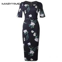 MARYYIMEI Designer Sommer Elegantes Büro Dame Kleid Damenmode Quadratischer Kragen Blumendruck Schwarz Etuikleider XXL
