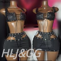 HLJ&GG Black Sexy Leather Rivets Hollow Two Piece Sets Women Spaghetti Strap Bandage Crop Top And Mini Skirts Outfits Streetwear