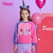 Vikita Mädchen Fleece Sweatshirts Kinder Herbst Winter Einhorn Cartoon appliziert Casual Sports Outwear Kinder Tops Pullover Tops