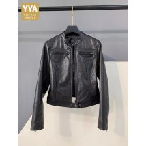 Autumn Fashion Genuine Leather Women Short Jacket Stand Collar Zipper Coat Top Work Lady Slim Fit Jackets Casual Black Outerwear
