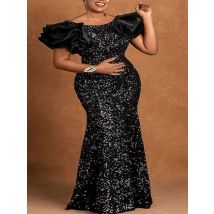 Frauen Glitter Kleid Elegante Schwarz Fischschwanz Pailletten Maxi Kleider Vintage Rüschen Hülse Party Promi Hochzeit Gast Kleider Robe