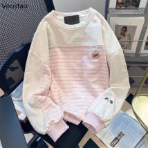 Herbst kawaii kleiner Bär Stickerei Sweatshirts Frauen niedlichen Cartoon Streifen Langarm Hoodies Harajuku y2k lose Pullover Mantel