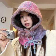 Winter-Sturmhaube mit gemischter Farbe, allmählicher Wechsel, für Männer und Frauen, warmer Bezug, gestrickter Nackenschutz, integrierte Schnür-Beanie-Mütze