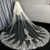 Gesichtsbedeckung, echtes Foto, 3 m, zweilagiger Hochzeitsschleier mit Kamm, weißer Spitzenrand, Brautschleier, elfenbeinfarbener, applizierter Kathedralen-Hochzeitsschleier