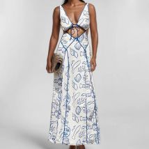 2025 neue Sommer Elegante Frauen Gedruckt Maxi Kleid Mode Sexy Backless V-ausschnitt Bandage Tank Kleid Dame Party Ärmelloses Vestidos