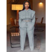 Znaiml Graues Outfit für Damen, Sport, zweiteilig, Winter-Sweatshirt, Hoodies, Oberteile und Hosen mit weitem Bein, Trainingsanzug, Streetwear, Sportanzug, 2025