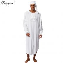Mens Funny Pajama Set Nightgown Halloween Christmas Scrooge Costume Lace Trim Ruffles Collar Curved Hem Night-Robe with Nightcap