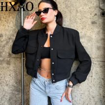 HXAO Damen-Jacken, Mantel, Halbsaison, neu, Bomberjacken, langärmelig, abgeschnittene schwarze Jacke, Knopf, lässige Fliegerjacke für Damen