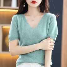Frühling Sommer Frauen Pullover Stricken T-shirts V-ausschnitt Kurzarm Strickwaren Koreanische Mode Pullover Solide Bodenbildung Shirt Jumper