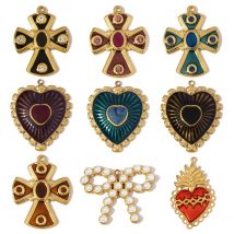 3pcs/Lot Retro Big Stainless Steel Enamel Heart Necklace Pendants Rhinestone Cross DIY Earring Charms Women Pineapple Jewelry