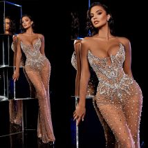Luxury Evening Dresses Mermaid Strapless Rhinestones Crystals Sleeveless Prom Dresses فساتين سهرة Custom Made