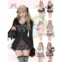 Japanese Sweet Preppy Style 2 Piece Set Women Kawaii Lace Patchwork Bow Tops + Y2k Plaid Mini Skirt Elegant Fashion Outifits New