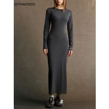 SXTHAENOO Slim Fit Long Sleeves Knitted Round Neck Dark Color Dresses Women's Buttock Cover Dress Autumn F Soft Vestidos 2025