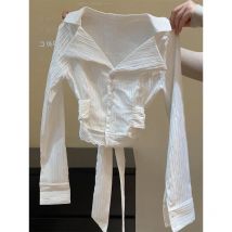 MEXZT Gestellte Weiße Shirts Frauen Mode Ästhetische Spitze Patchwork Bandage Blusen Streetwear Koreanische Langarm Design Schlank Tops