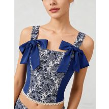 Neue elegante Ethno-Stil Blumenmuster blau schlanke Leibchen Tops mit Schleife Spitzenbesatz Weste feminine Kleidung alle Match Sexy Party