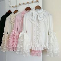 Gothic & Sweet Lolita Shirt – Langarm-Rüschenbluse für JSK-Kleider, Kawaii-Puppen-Spitzenoberteil mit Puffärmeln in Rosa/Weiß